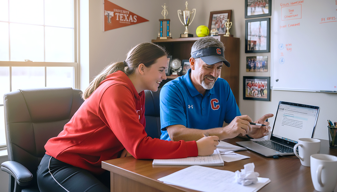 Coach helping a player write a letter