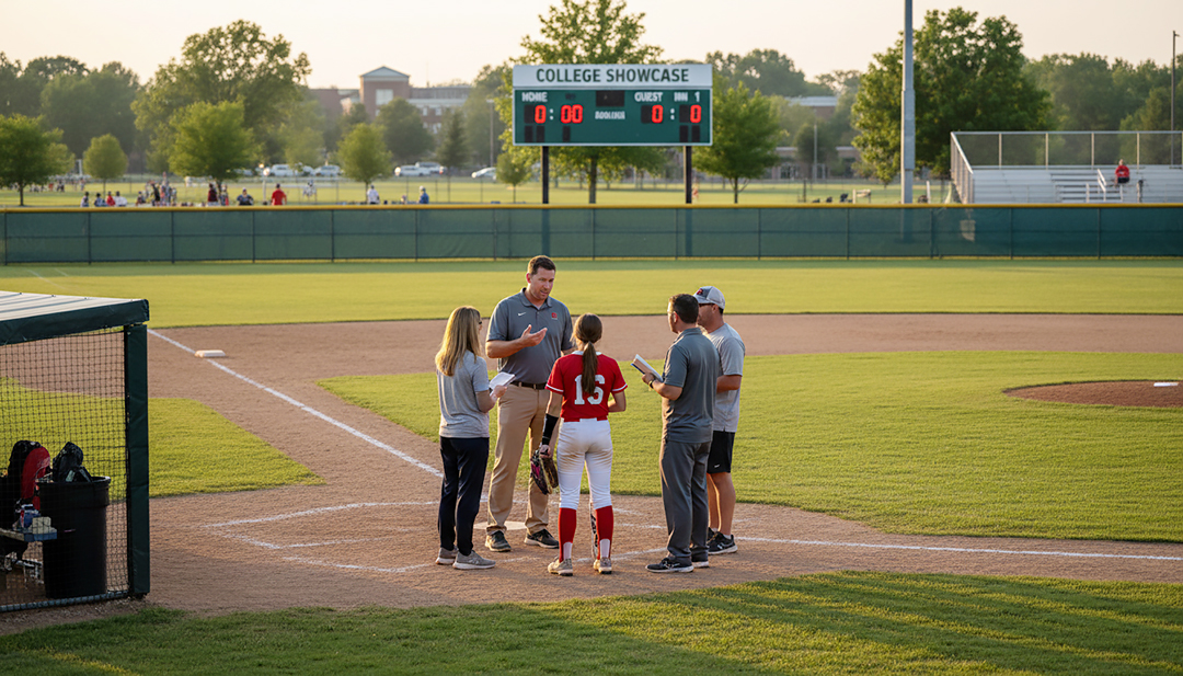 Parents and athlete talking with a coach on the field