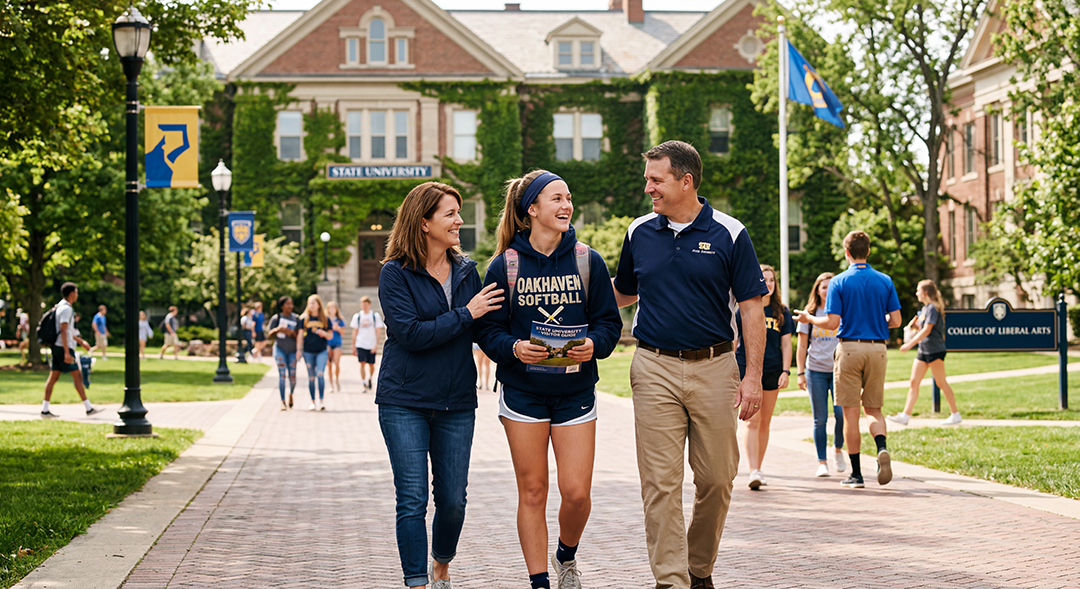 A softball athlete and her parents touring a college campus during a recruiting visit