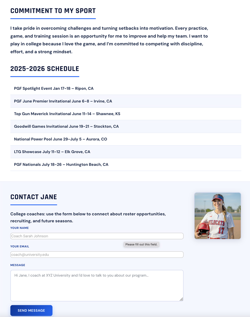 Tournament schedule and direct coach contact form