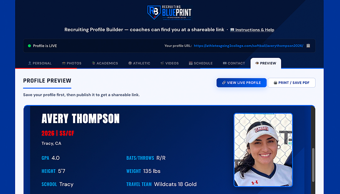 An AG2C recruiting profile as a college coach sees it — cover banner and headshot at the top, with the athlete's graduation year, position and academic details, followed by stats, video and schedule sections.