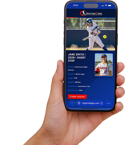 A recruiting profile open on an iPhone held in hand