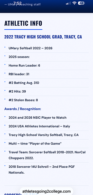 Athletic info, stats and achievements