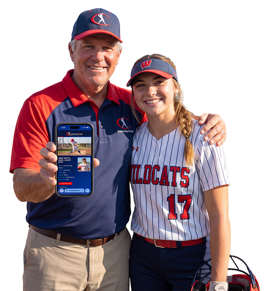 A college coach smiling with a recruited softball player, holding her AthletesGoing2College recruiting profile on a phone