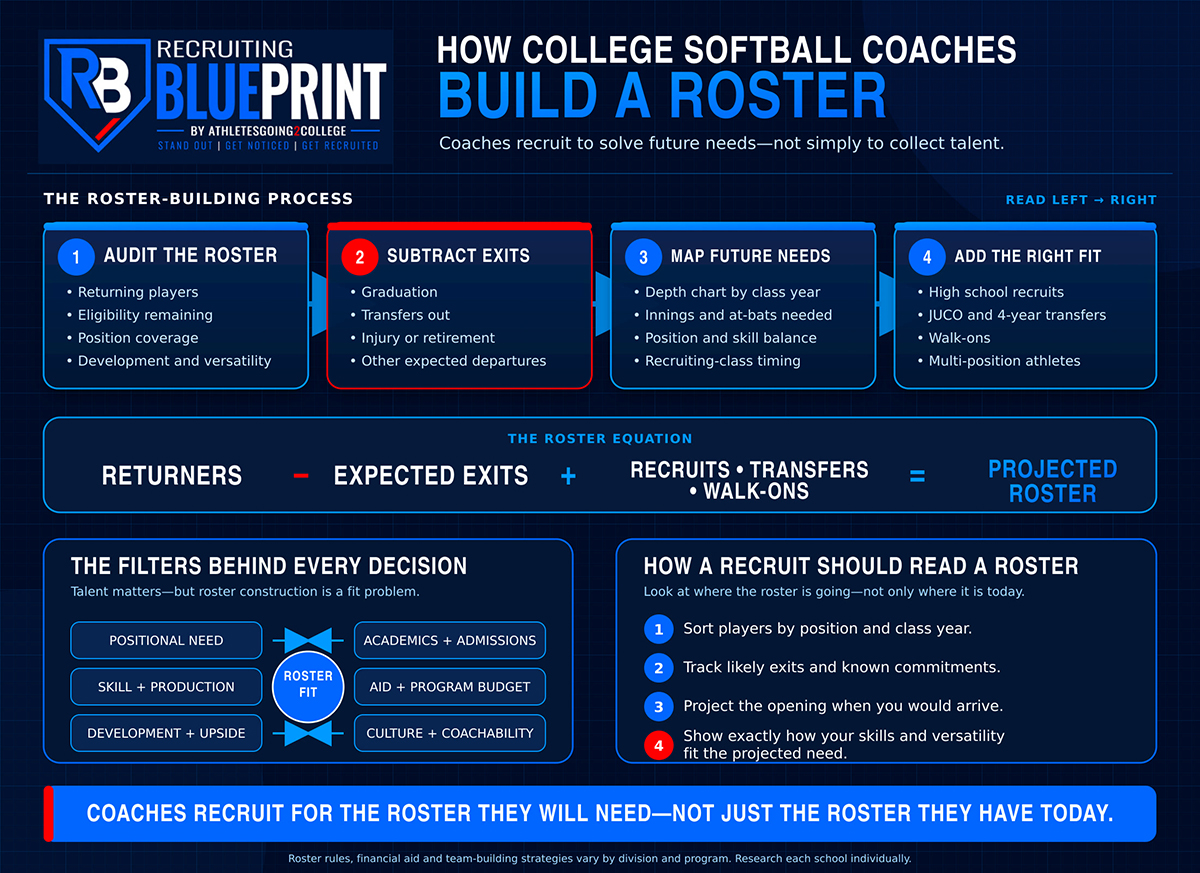 How college softball coaches build a roster. The roster-building process in four steps: one, audit the roster for returning players, eligibility remaining, position coverage and development; two, subtract expected exits from graduation, transfers out, injury or retirement; three, map future needs by depth chart, class year, innings and at-bats needed, position balance and recruiting-class timing; four, add the right fit from high school recruits, JUCO and four-year transfers, walk-ons and multi-position athletes. The roster equation: returners minus expected exits plus recruits, transfers and walk-ons equals projected roster. Six filters behind every decision: positional need, skill and production, development and upside, academics and admissions, aid and program budget, culture and coachability. How a recruit should read a roster: sort players by position and class year, track likely exits and known commitments, project the opening when you would arrive, then show exactly how your skills and versatility fit the projected need.