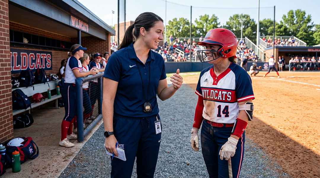 A college softball coach watching a player compete — recognising genuine recruiting interest.