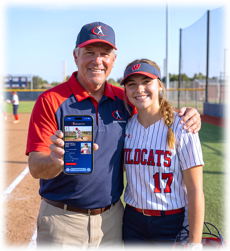 A college softball coach reviewing an athlete's AthletesGoing2College recruiting profile on a phone