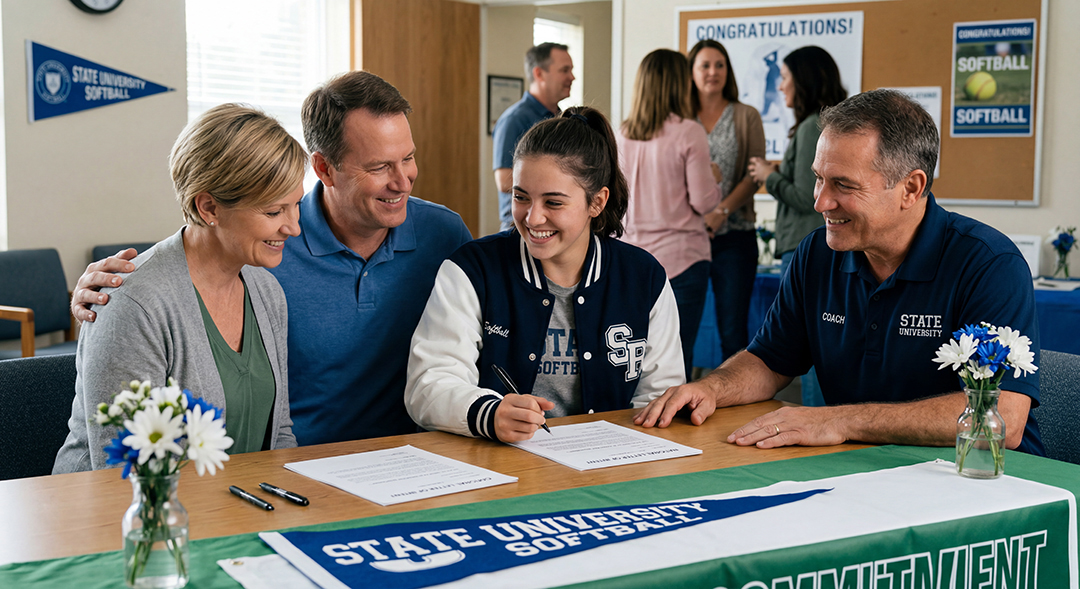 A softball player signing her college commitment paperwork