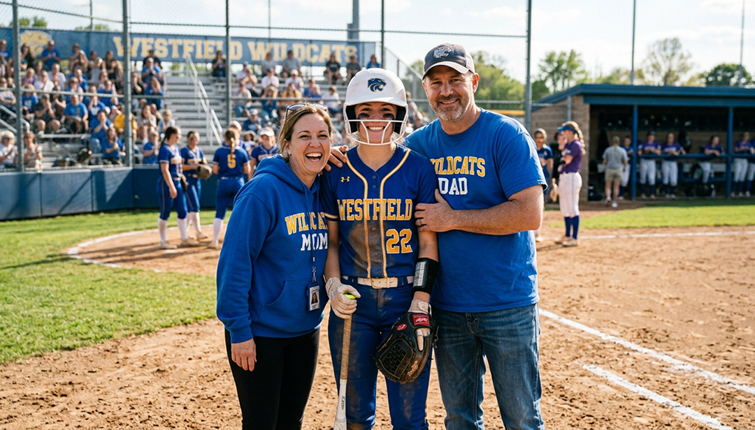 A high school softball player standing with both parents at the field