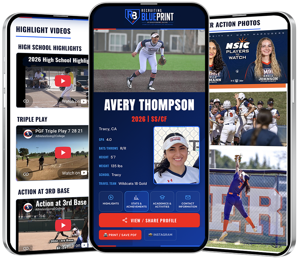 Three phones showing one recruiting profile: highlight videos, the main profile page with headshot, stats and contact buttons, and action photos.