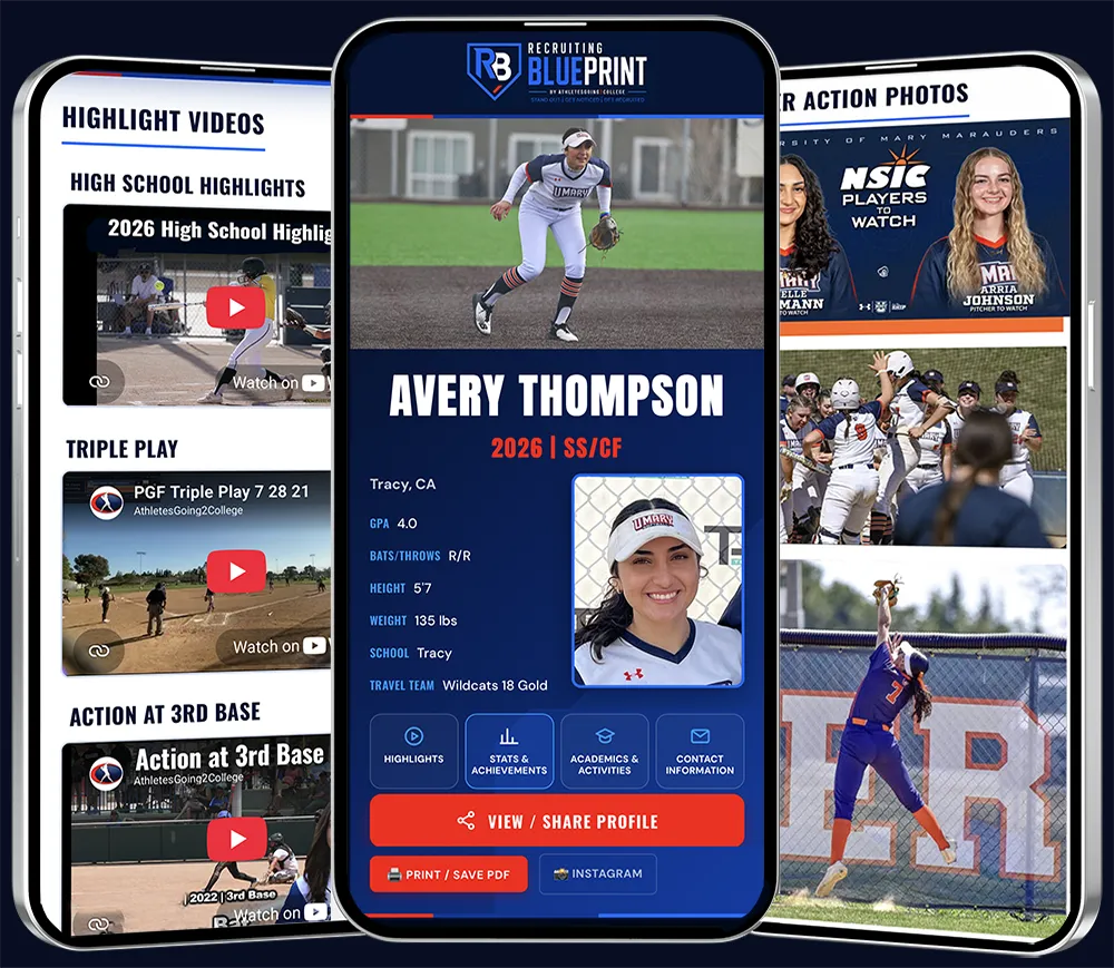 Three phones showing one recruiting profile: highlight videos, the main profile page with headshot, stats and contact buttons, and action photos.