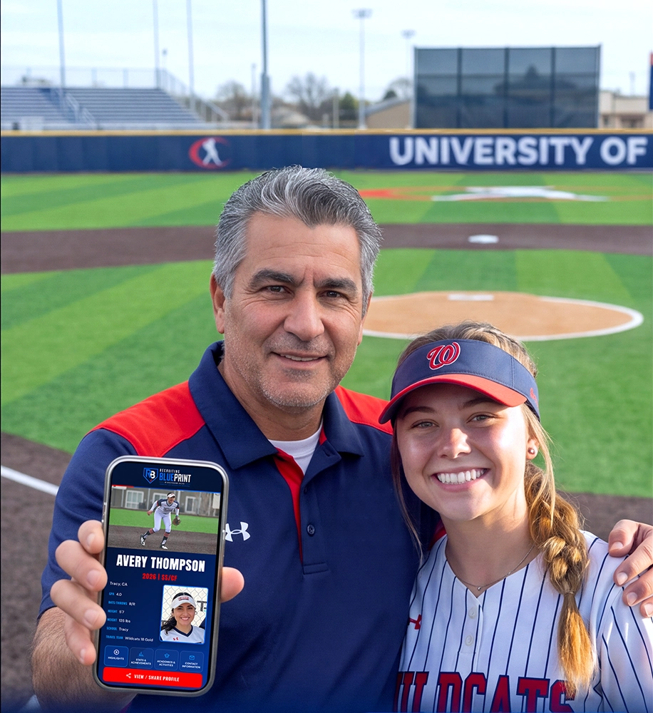A college coach and a softball recruit on the field, holding up her recruiting profile on a phone.